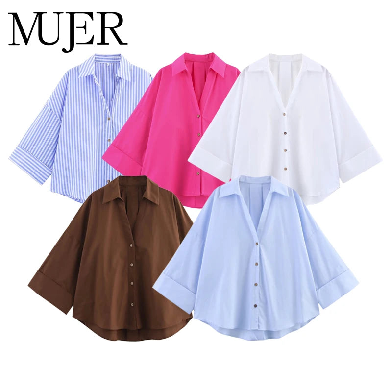 MUJER 2025 Oversized Shirt Women Striped Casual Shirts and Blouses