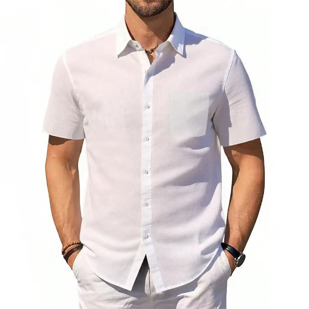 Men's Cotton Linen Shirt Summer Short Sleeve Button Up Hawaiian