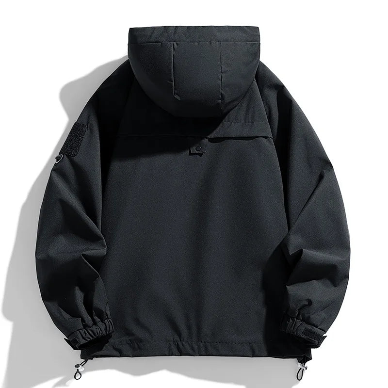 Windbreakers Men Hooded Jacket Zipper Coat Cargo Waterproof Black