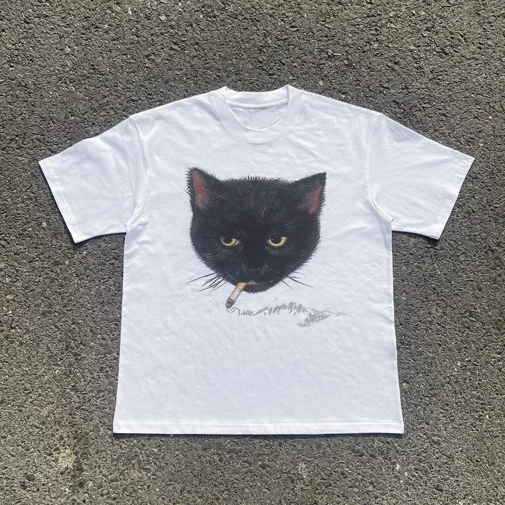 Y2k Smocking Cat Graphic Print Punk 90s Grunge Retro Rock Hip-hop