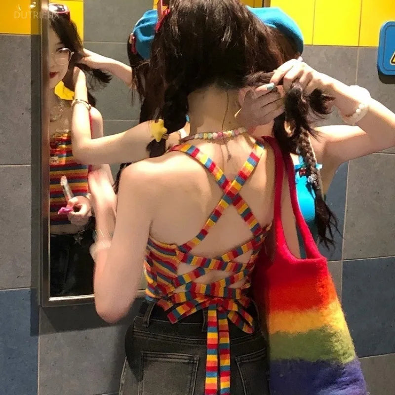 Sweet Rainbow Stripes Vest Women Clothing Chic Cute Korean Camis Y2k