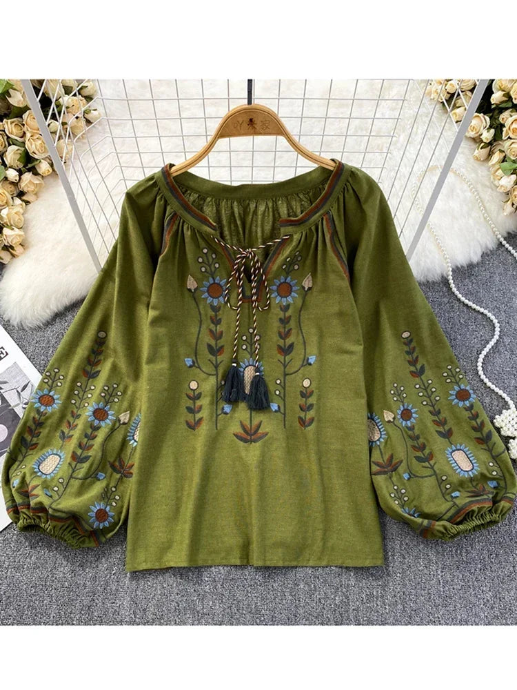 Women Spring Blouse Ethnic Style Retro Literature Loose Embroidered