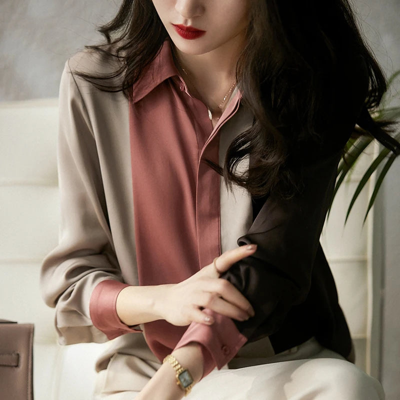 2025 Women Satin Button Blouse Autumn New Vintage Long Sleeve Polo