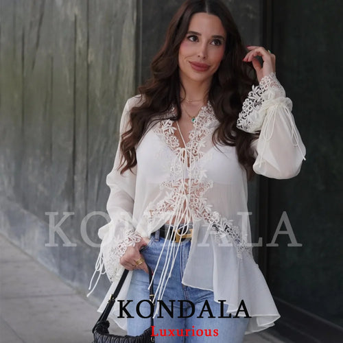KONDALA Sexy Chiffon Transparent Women Blouses Bow Tie Patchwork Loose