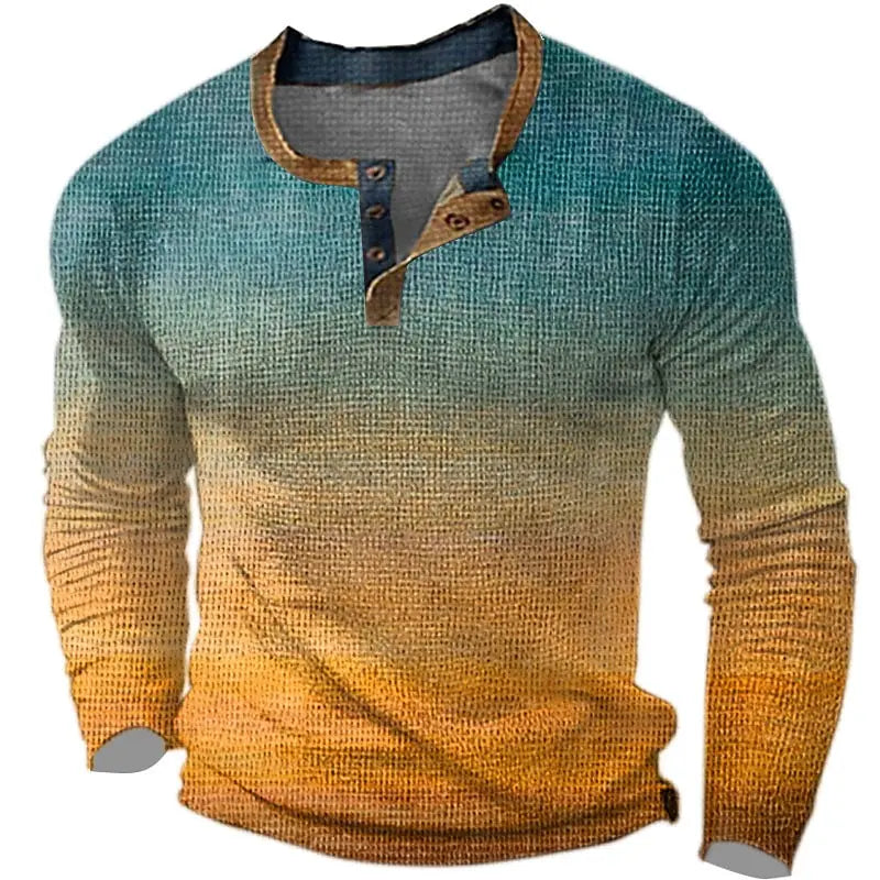 Henley 2026 Men's 3D Printed Retro Fashionable Street Clothing, Button