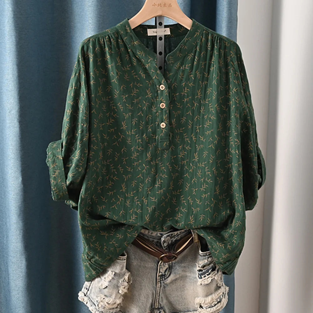 New Spring 100% Cotton Casual Shirt Women Batwing Sleeve Stand Collar