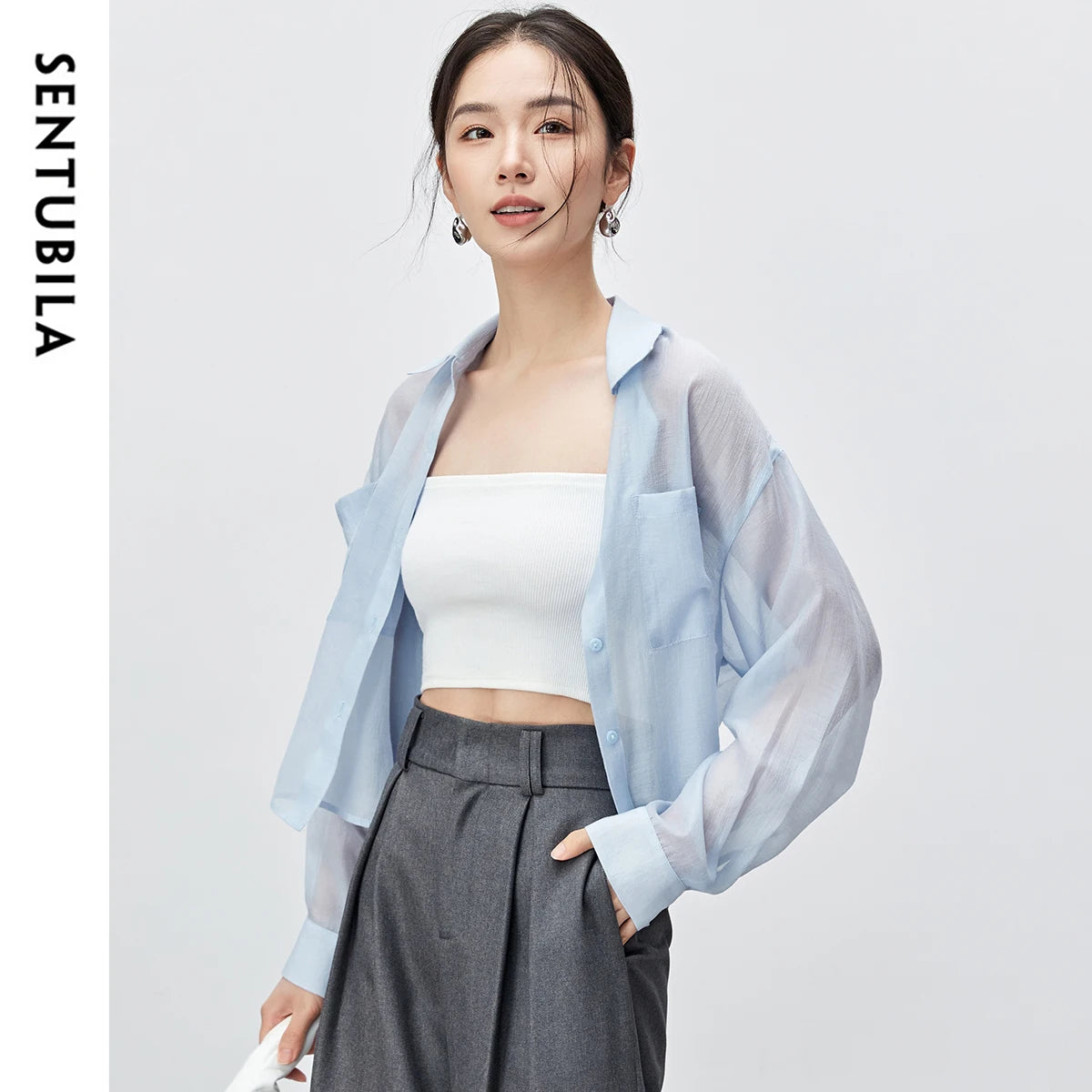 SENTUBILA Women Lyocell See Through Shirt 2026 Summer Ladies Long