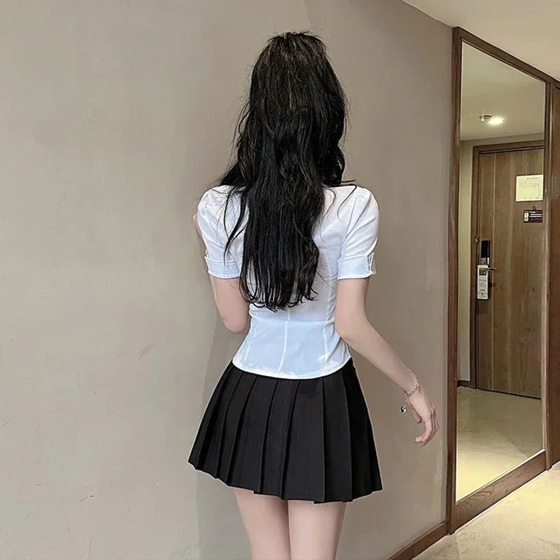 Korean Slim Fit Short Sleeve Cropped Blouse Ladies Solid Color