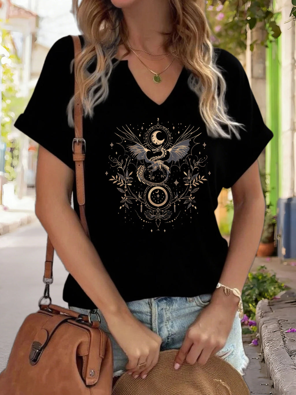 Women's V-Neck "Celestial Dragon & Moon" Graphic Tee, Mystical Floral