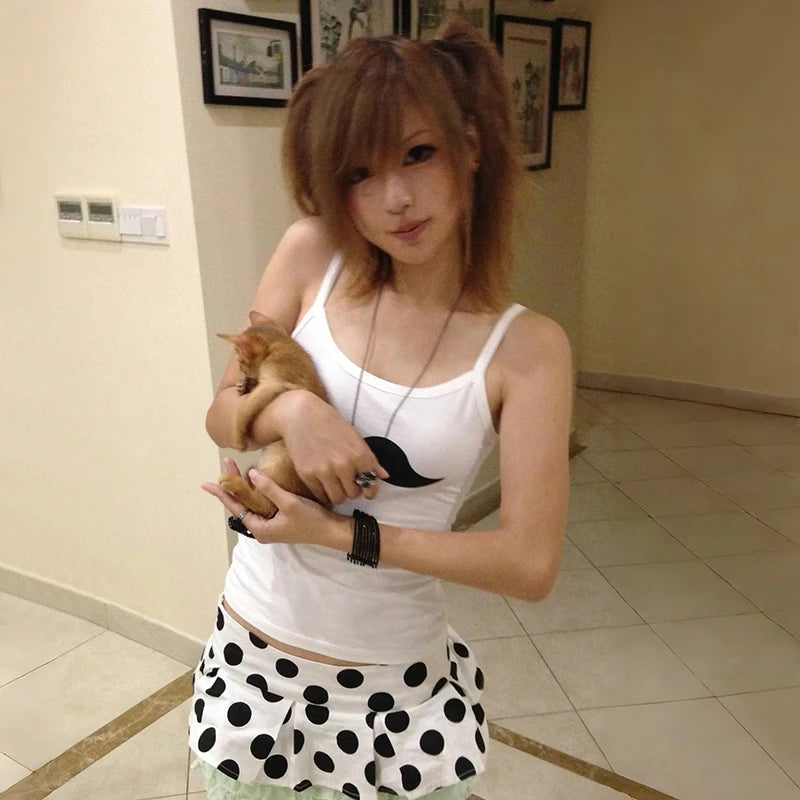 Karrram Japanese Y2k Beard Print Tank Top Trashy 2000s Style White