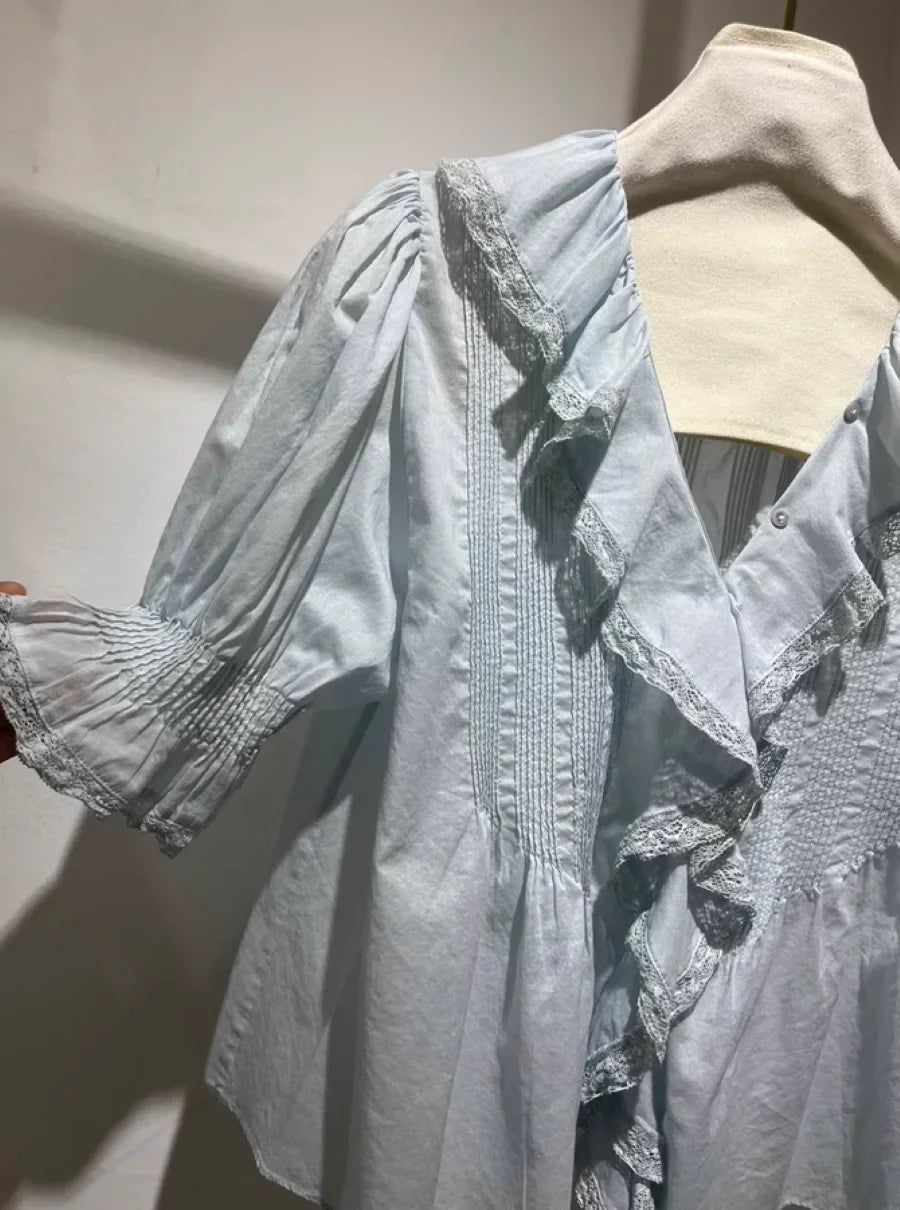Lace Patchwork Women Casual Shirt 100% Cotton Ruffles V-Neck Puff