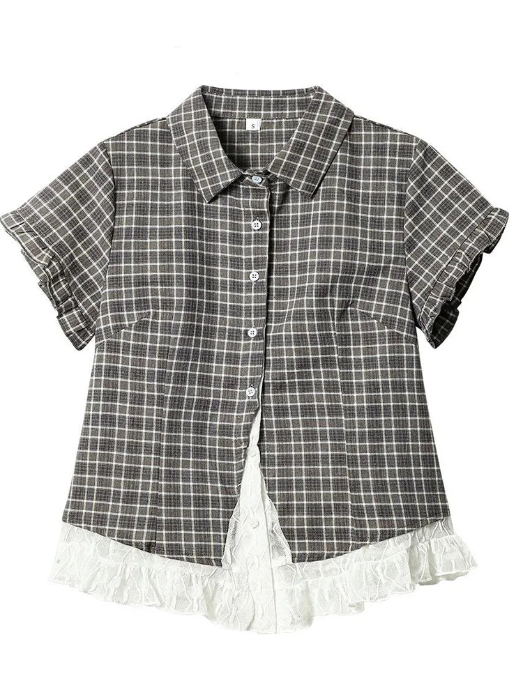 Lace Patchwork Plaid Shirt Women Summer Sweet Short Sleeve Vintage