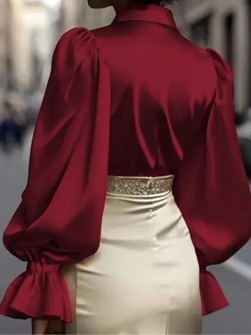Elegant Satin Blouse with Ruffled Cuff Sleeves and Button-Down Collar
