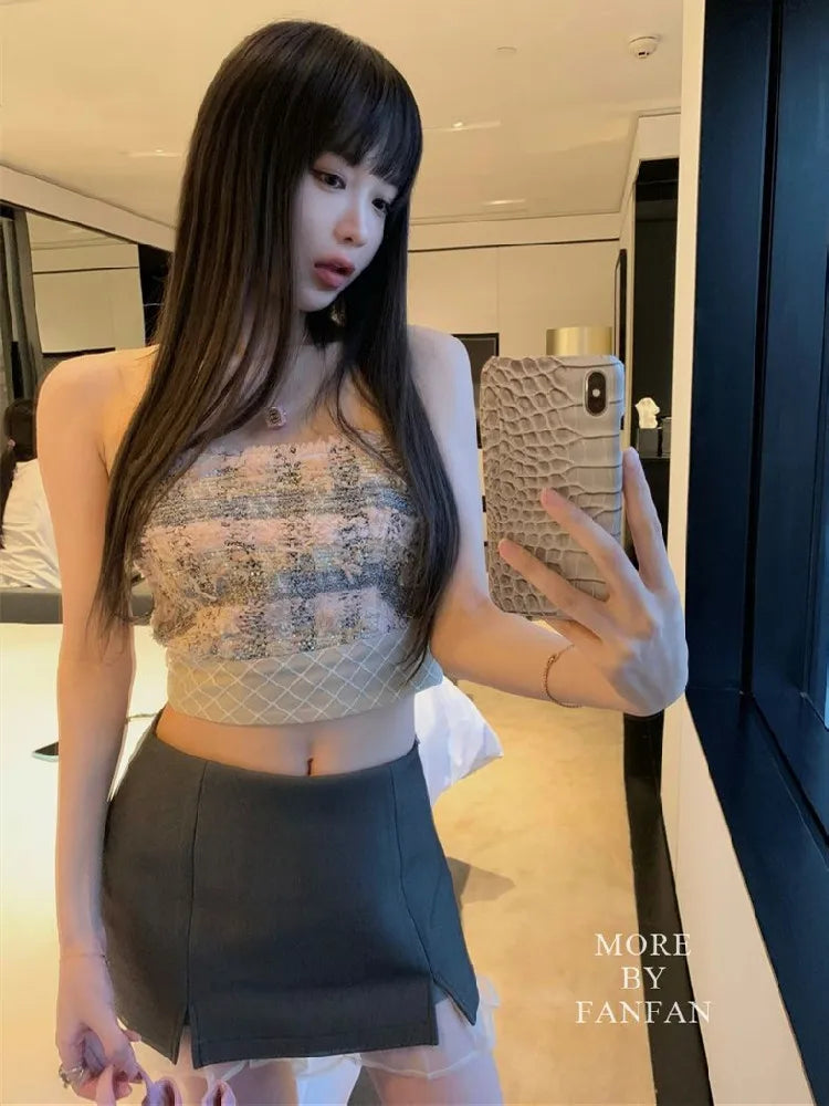 Sexy  Camis Plaid Chic  tube top Slim Korean Tanks Top Sleeveless