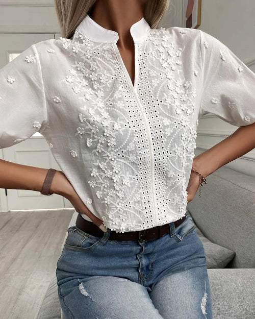 Summer Women's White Top Blouse New Fashion Elegnat V Neck Short