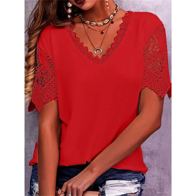 Spring Summer Women Shirts Elegant Hollow Out Lace Short Sleeve V-neck