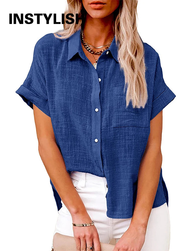 Casual Solid Short Sleeve Cotton Linen Loose Blouse Vintage Harajuku