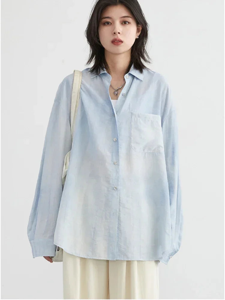 CHIC VEN Women Shirt Loose Casual Textured Tie Dye Collar with Split