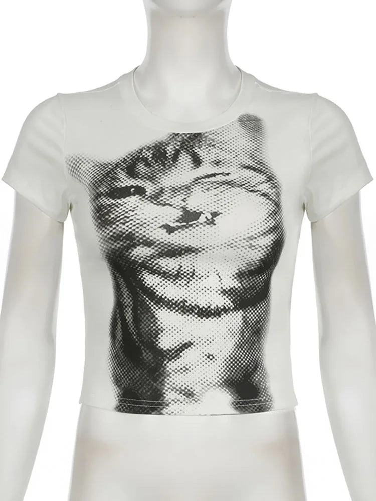 Harajuku Animal Print Crop Top Basic White Short Sleeve Crewneck