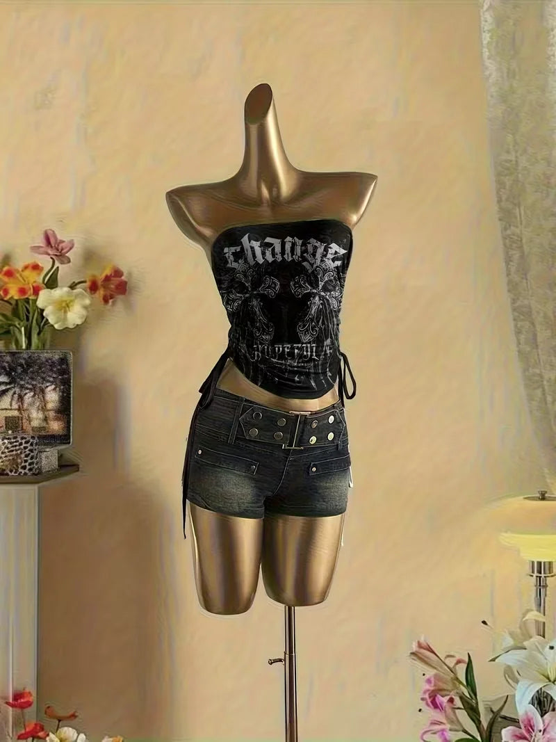 Cropped Top, Women's Vintage Music Note & Letter Print Sleeveless Top