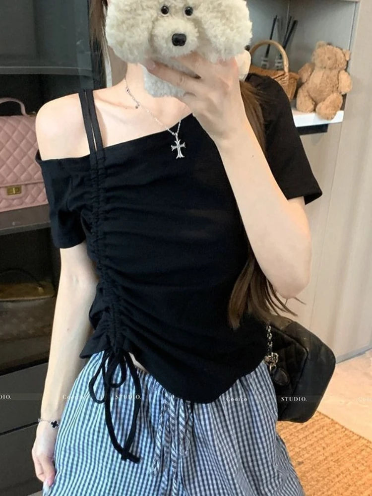 Sweet One Shoulder Drawstring Short Sleeve T Shirt Women Summer Off