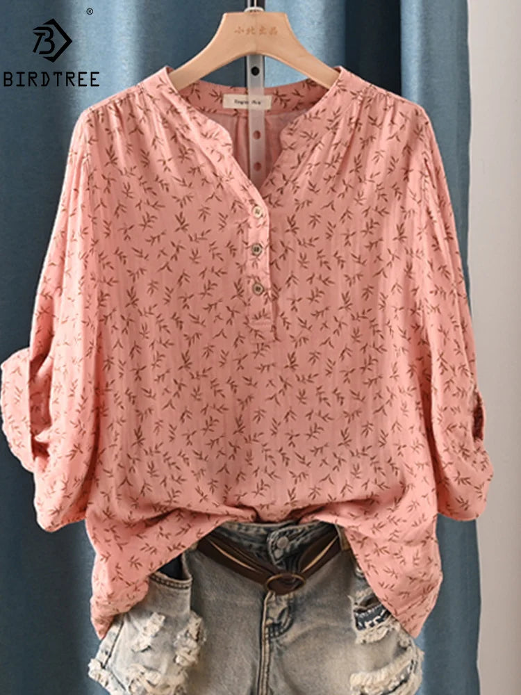 New Spring 100% Cotton Casual Shirt Women Batwing Sleeve Stand Collar