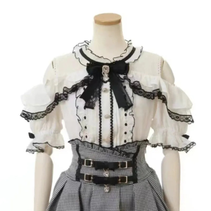 Summer Japanese Sweet Lolita Blouses Women Elegant Love Heart Bow Off