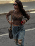 Dulzura Sexy Long Sleeves Tops Mesh T Shirt Leopard Printed Bodycon
