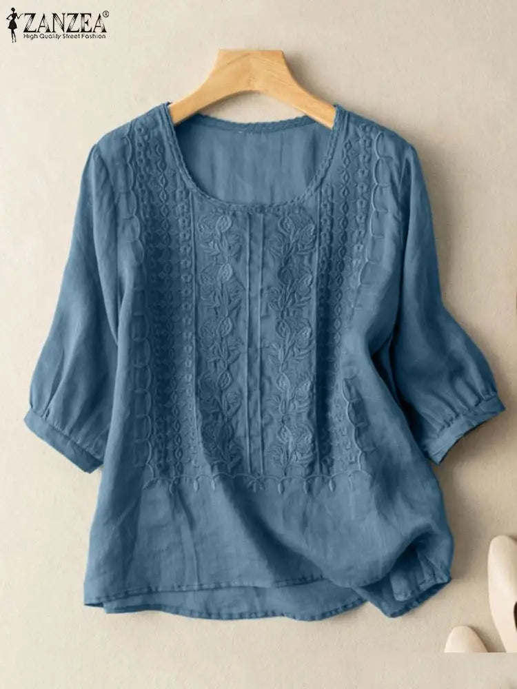 ZANZEA Summer Vintage Lace Crochet Blouse Women O Neck 3/4 Sleeve Tops