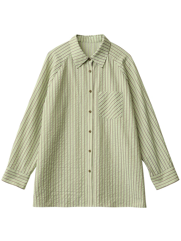 CHIC VEN Women Shirt Single Breasted Loose Casual Vertical Striped