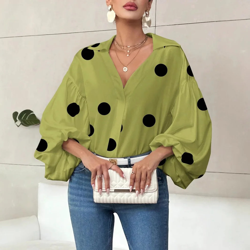 Casual Polka Dot Print Loose Blouse Women 2026 Summer Fashion Long