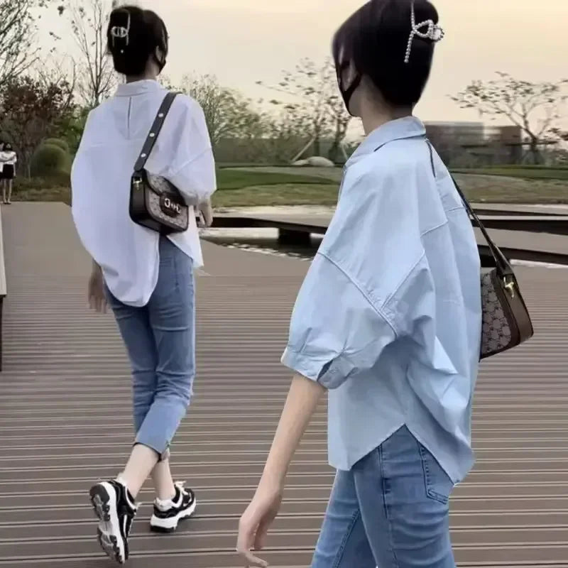 Women Blouses Elegant Streetwear Office Casual Loose Button Up White