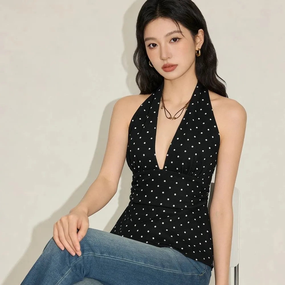 Fashion Sleeveless Women Crop Top Pleated Deep V Neck Halter Ruffle