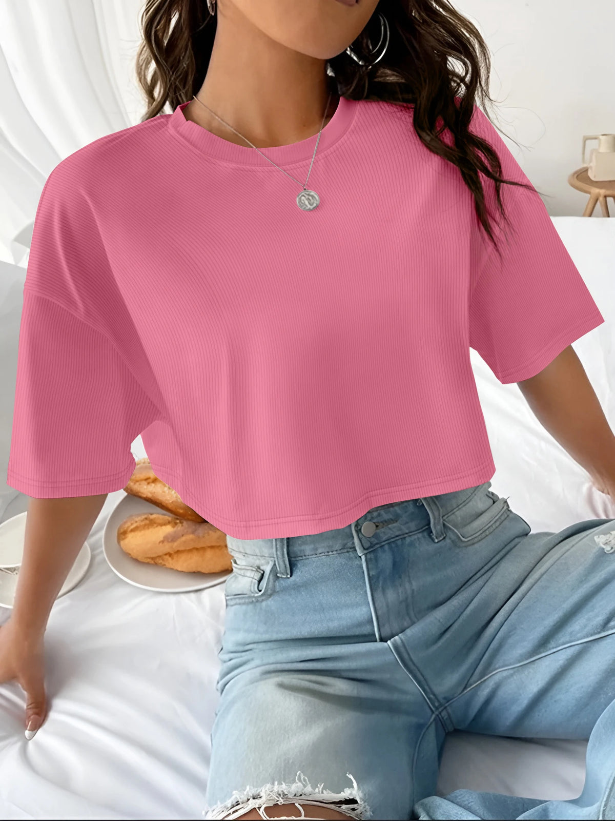 Women's Boxy Fit Ribbed Crop Top Crew Neck Short Sleeve Tee Y2K
