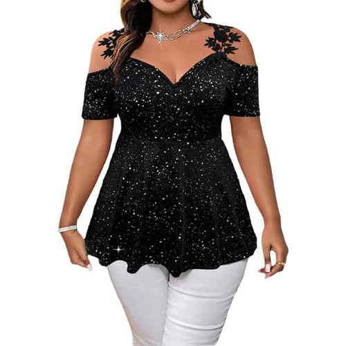 Plus Size Glitter Peplum Top Cold-Shoulder Stretchy Party Blouse Glam
