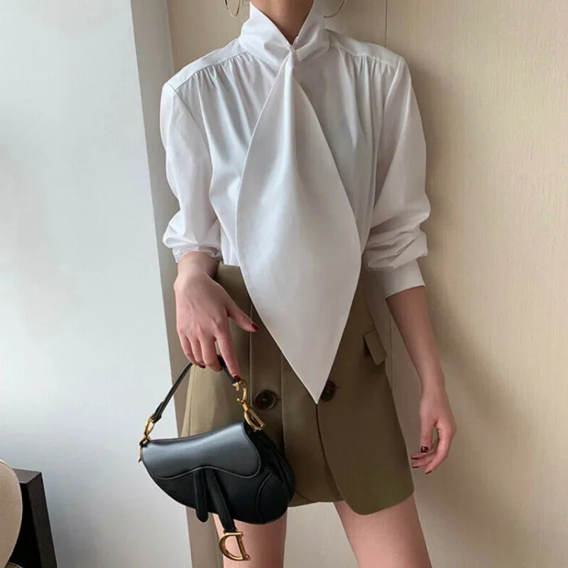 Bonboho Women's White High Neck Blouse With Statement Tie 2026 Spring