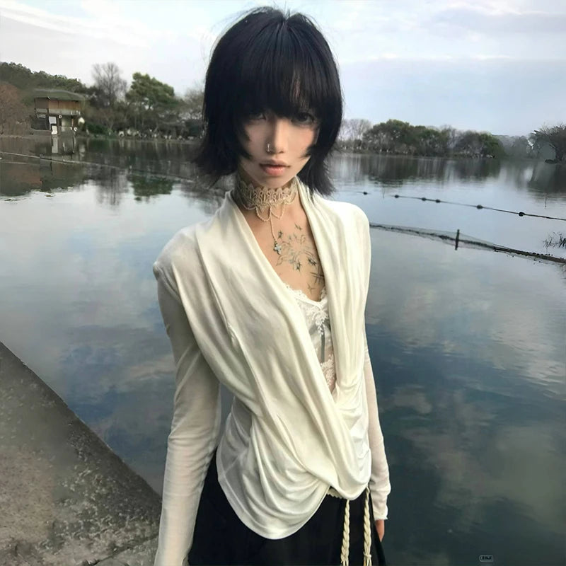 Karrram Japanese Y2k Cross Tops Trashy 2000s Style V-neck Long Sleeve