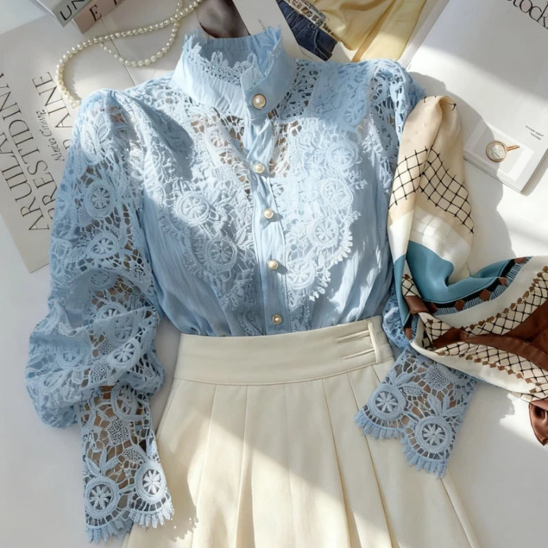 New Women's Long Sleeve High Neck  Chic Blouse, Lace Paneled Hollow