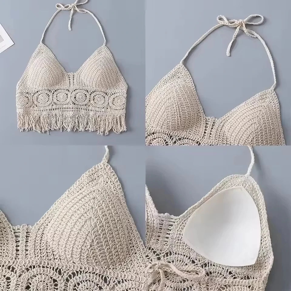 Boho Crochet Halter Top for Women Summer Beach Knit Crop Top with