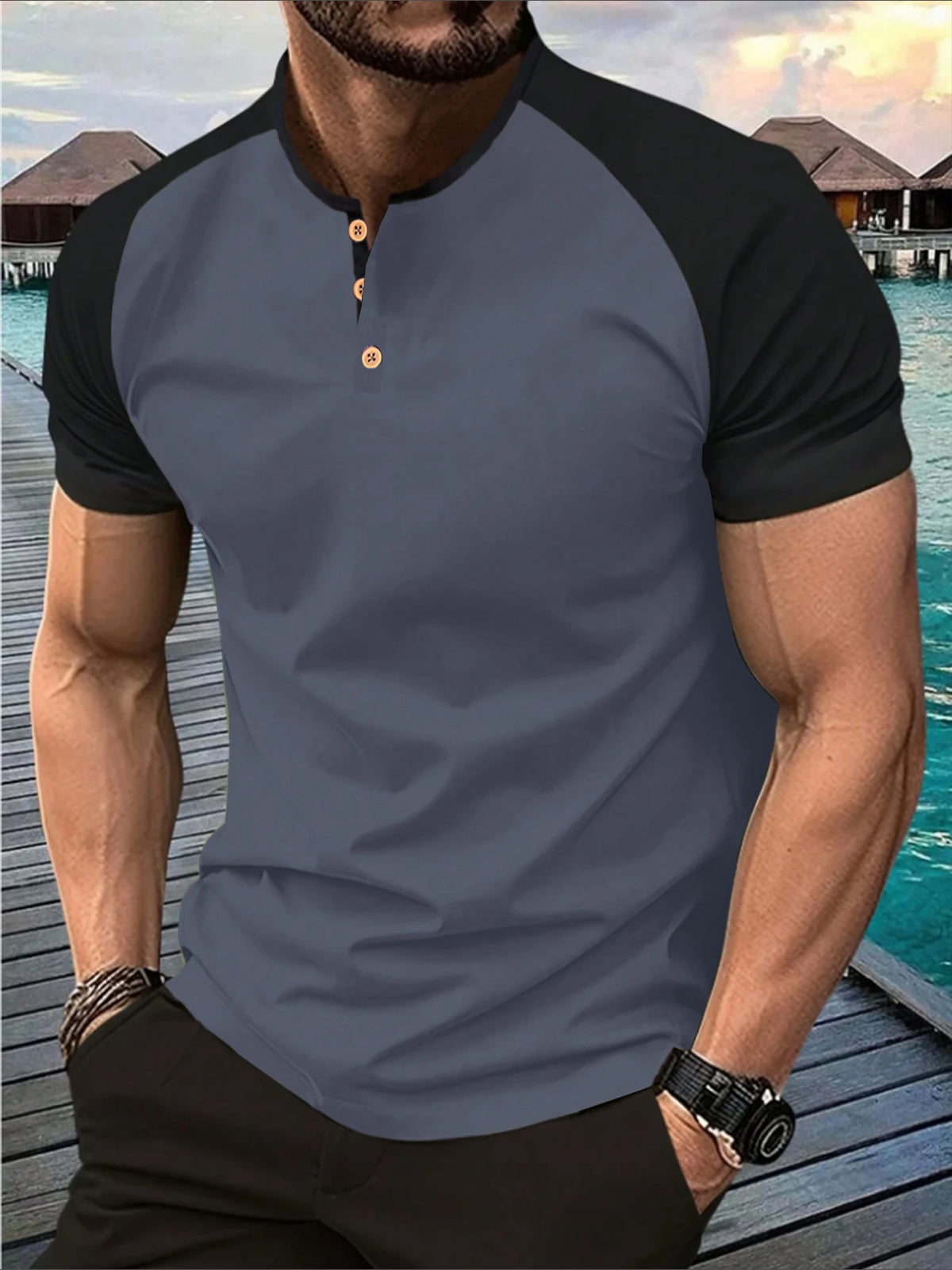 Men's Contrasting Color Henry Shirt T-shirt Summer Casual Raglan