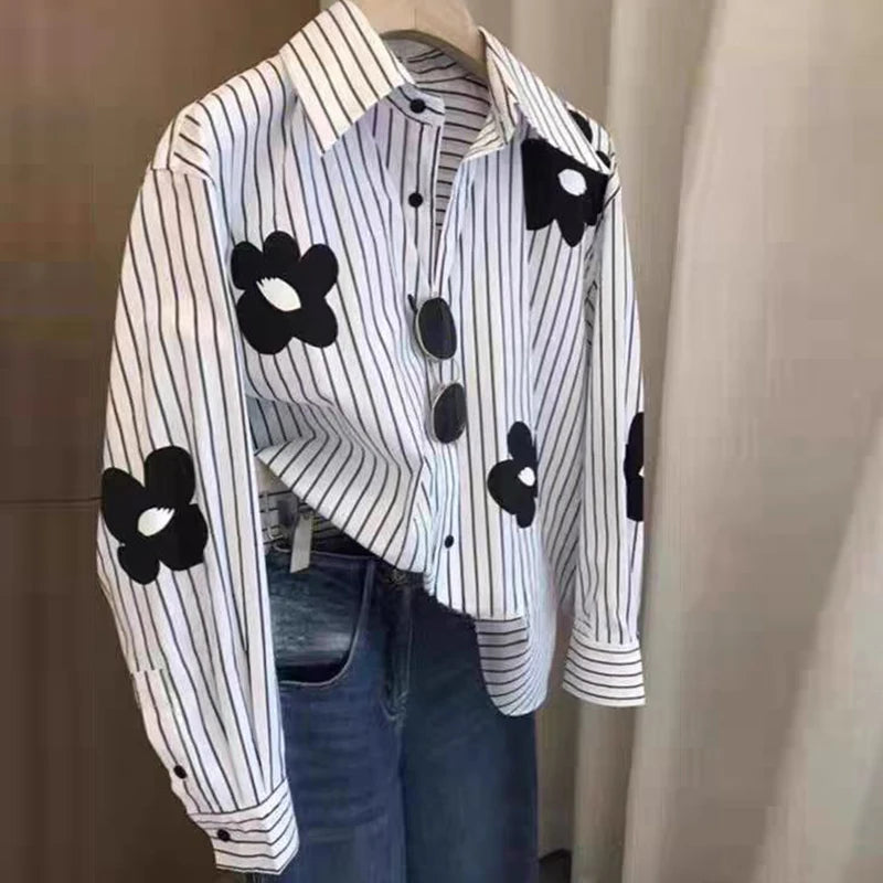 Turn-down Neck Flower Stripe Long Sleeved Loose Shirt And Blouse New