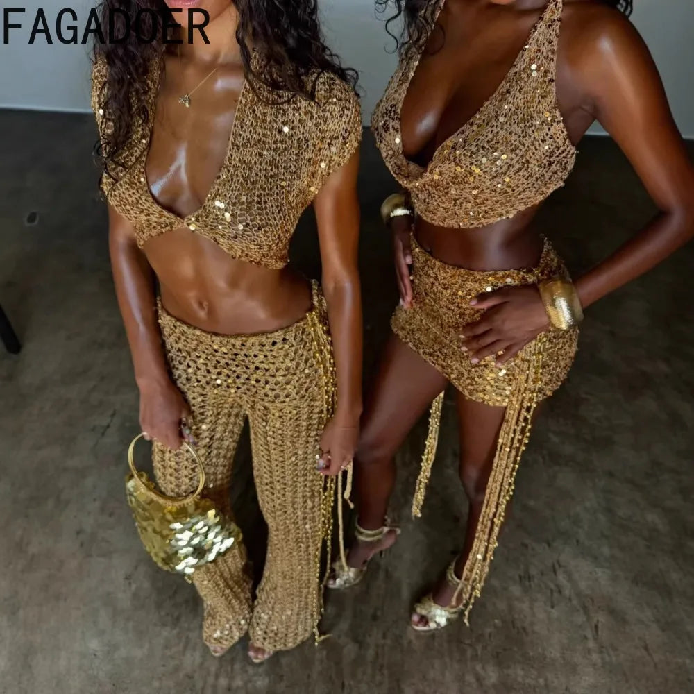 FAGADOER Sexy Hollow-out Sequin 2 Pieces Set for Woman Solid Deep