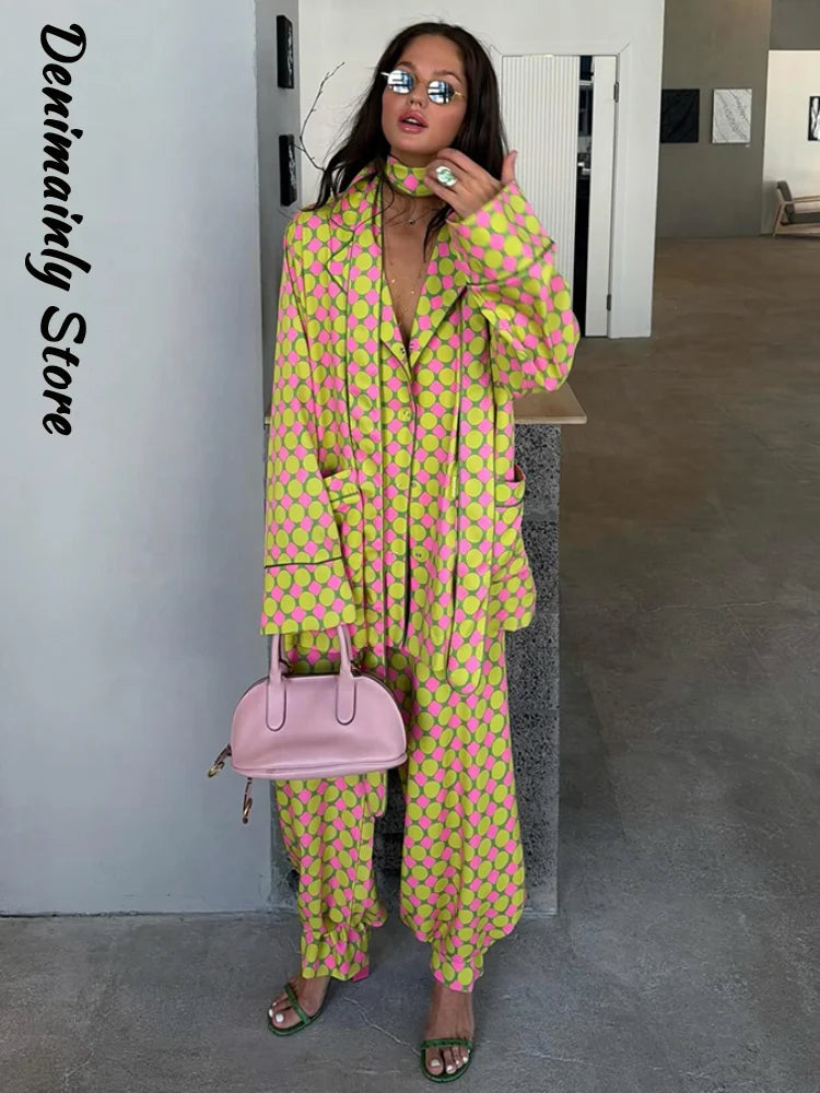 Vintage Women's Printed Blouses Pants Sets Loose Laple Long Sleeve