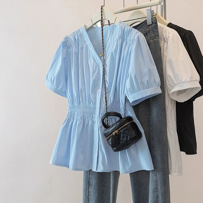 200 Pounds Plus Size Elastic Waist Office Lady Trend Shirt And Blouse