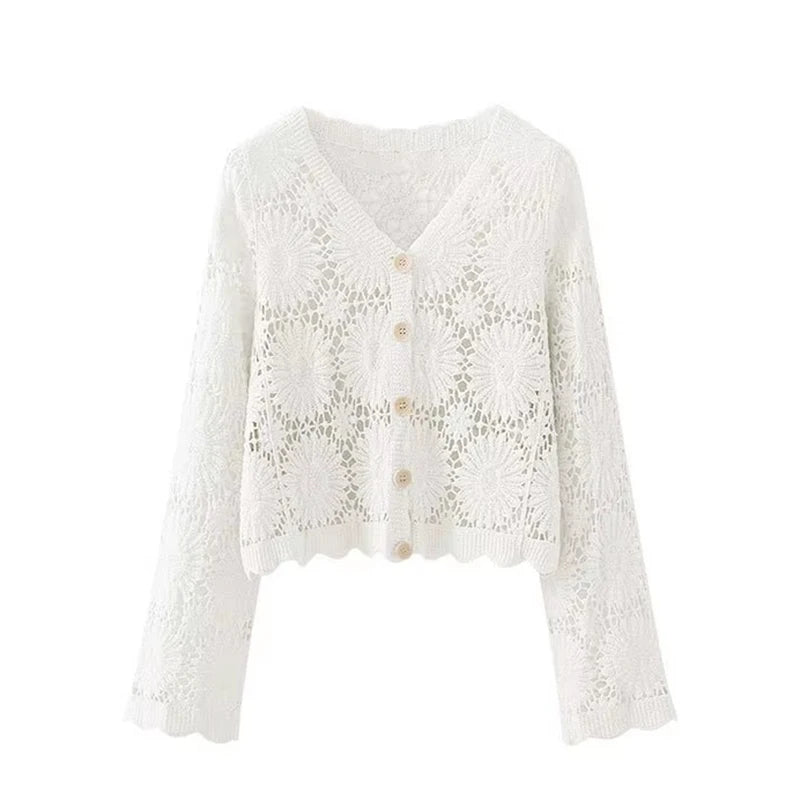 Daisy Crochet Cardigan Women Embroidered Floral Long Sleeve Button Up