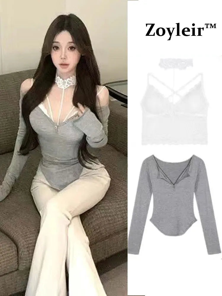 Sexy Lace 2 Piece Set Off Shoulder Long sleeve T-shirt Women Halter
