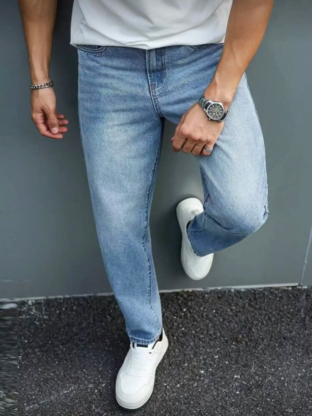 Slim Fit Jeans Men Light Blue Washed Whisker Detail Jeans Classic Mid