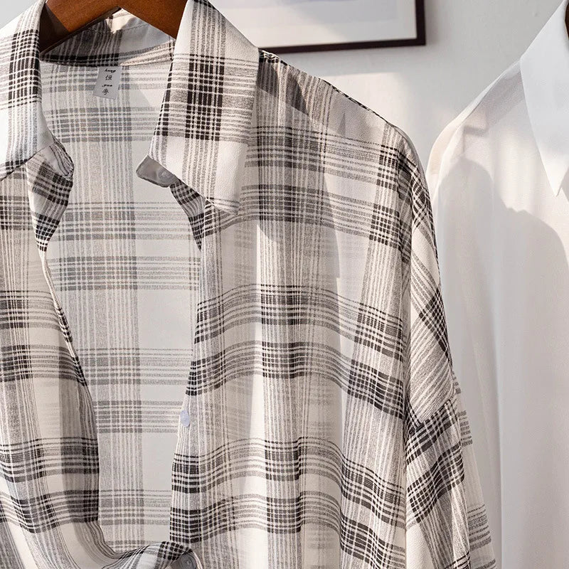 Sheer Chiffon Plaid Shirt for Women Ovesized Collared Button-down