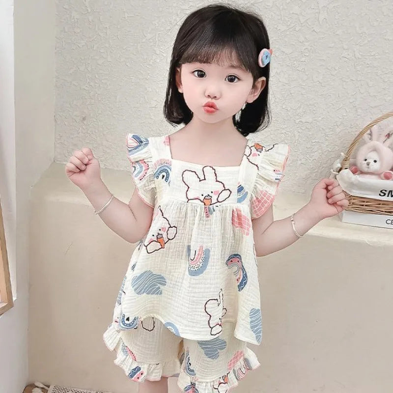 Summer Lightweight Cartoon Cherry Bear Pajamas Set Tank Top and Shorts