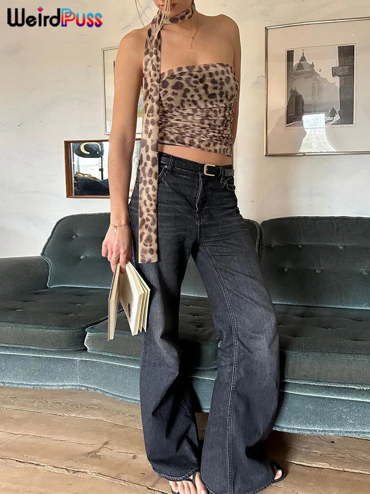 Weird Puss Leopard Print Crop Tops Woman Summer Strapless Ruffles